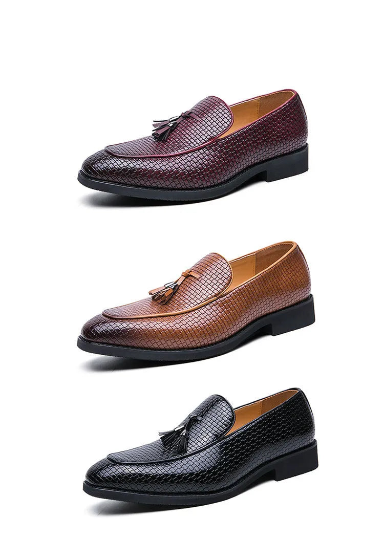Men's black pointed toe slip on shoes with a tassel detail, made from artificial PU material for business wear.