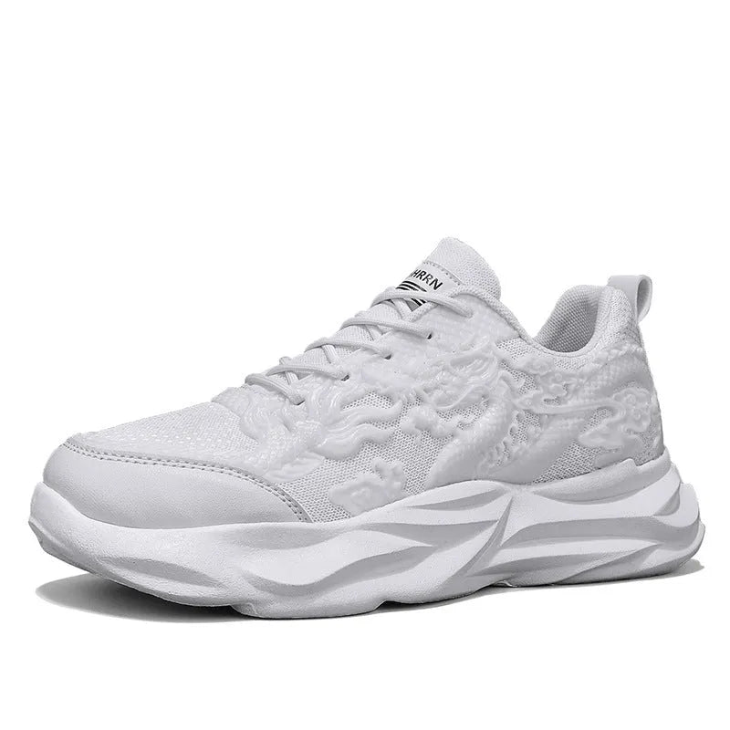 Fly knit casual sneakers with a dragon print on the side, showing the microfibre upper and rubber sole.