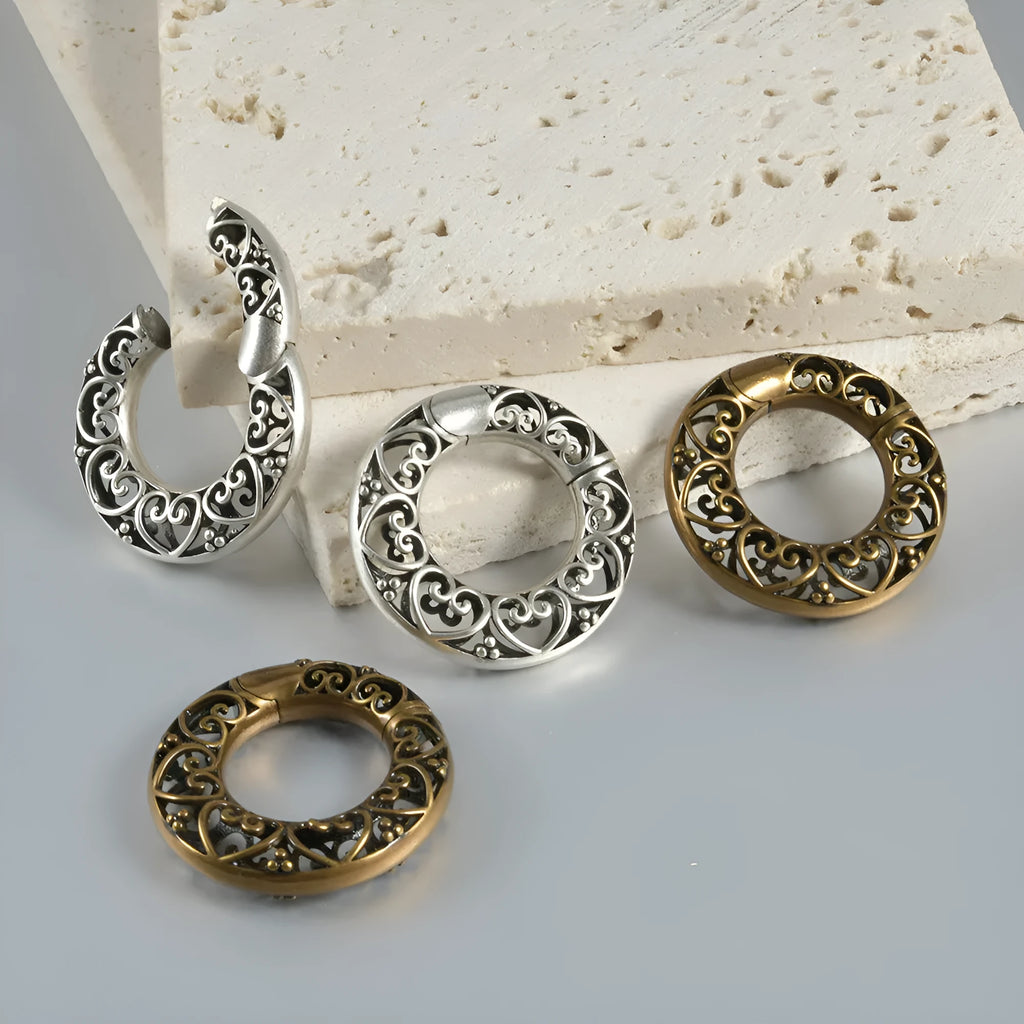 Retro heart-shaped hollow lotus magnetic earrings in antique silver and ancient gold finishes