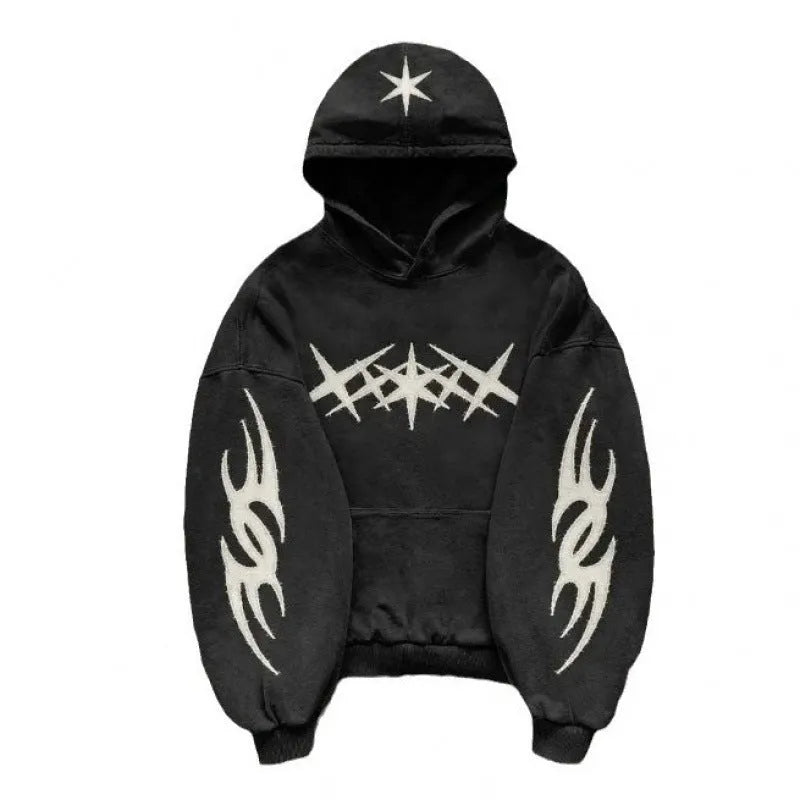Printed pullover hoodie in slim fit with long sleeves, patch pocket, polyester fabric, sizes S to 3XL