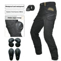 Men's black and green waterproof motorcycle cycling trousers with belt and protective gear.