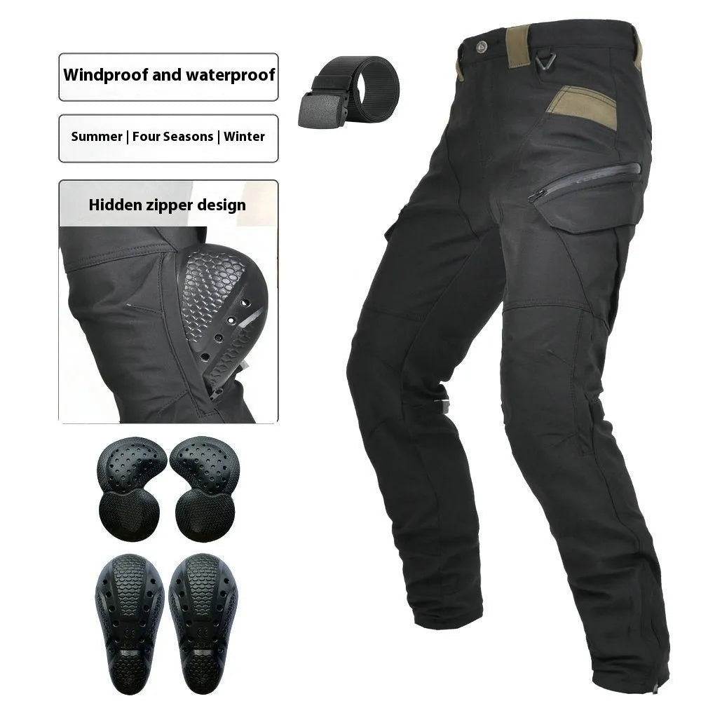 Men's black and green waterproof motorcycle cycling trousers with belt and protective gear.