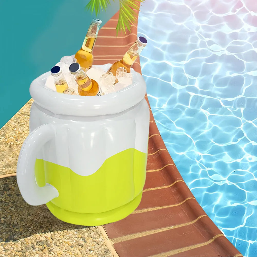 Inflatable white ice bar for parties with cup holders, shown at full size after inflation.