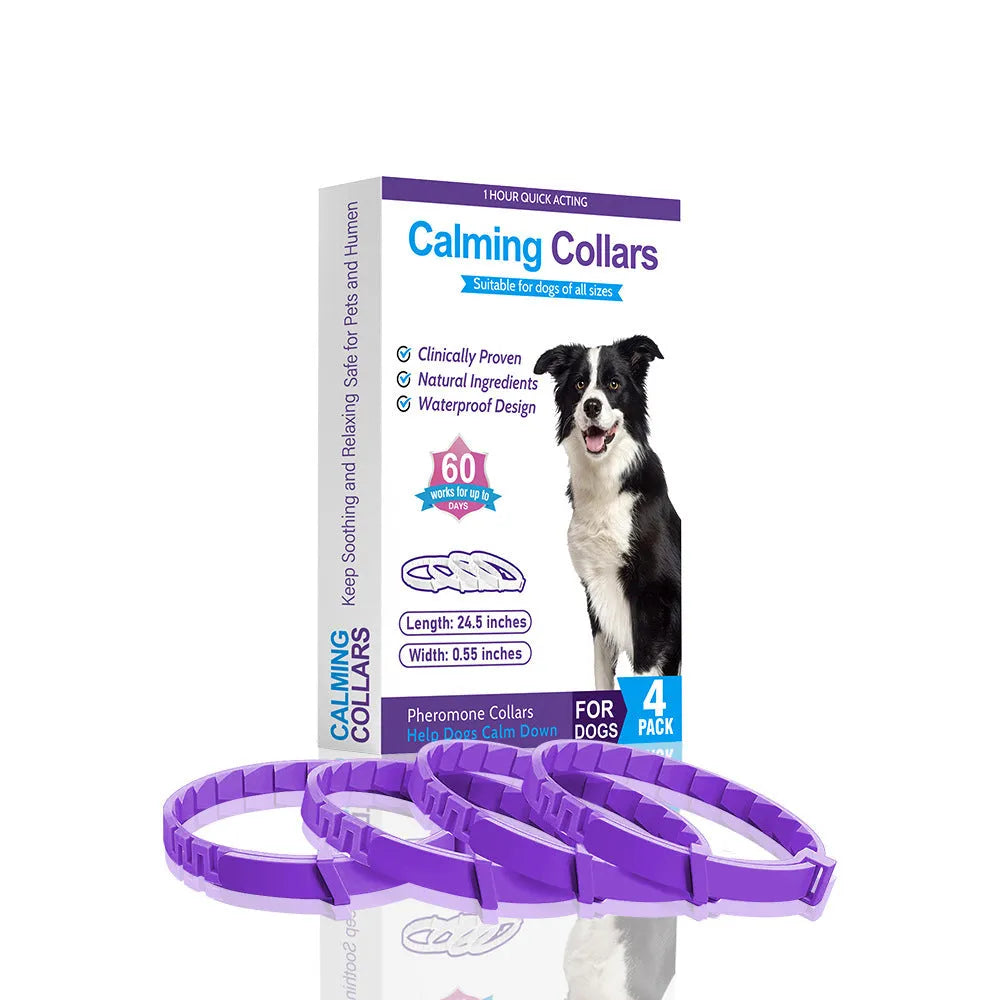 Four monochrome dog calming collars in assorted colours, adjustable up to 62cm for anxiety relief.