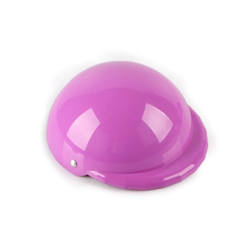 Plastic dog motorcycle helmet cap in pink colour showing Japanese Korean style design with size measurement
