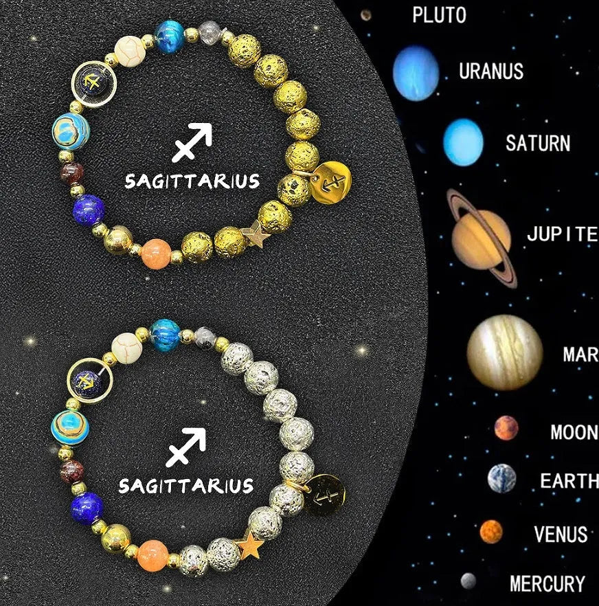 Natural stone bead zodiac bracelets for twelve astrological signs with adjustable cord.
