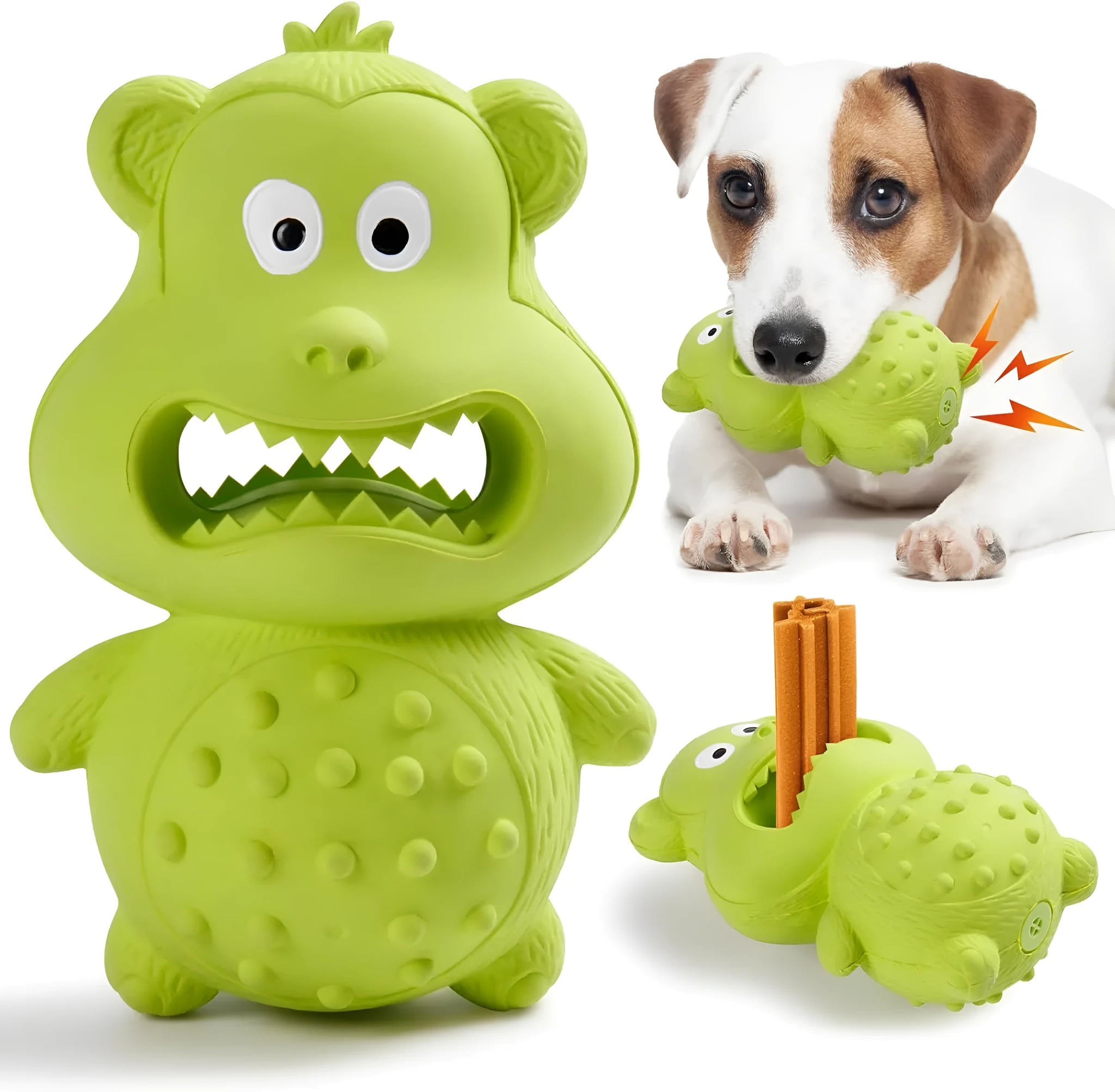 Green and yellow thick natural rubber squeaky dog chew toy for large breed aggressive chewers.