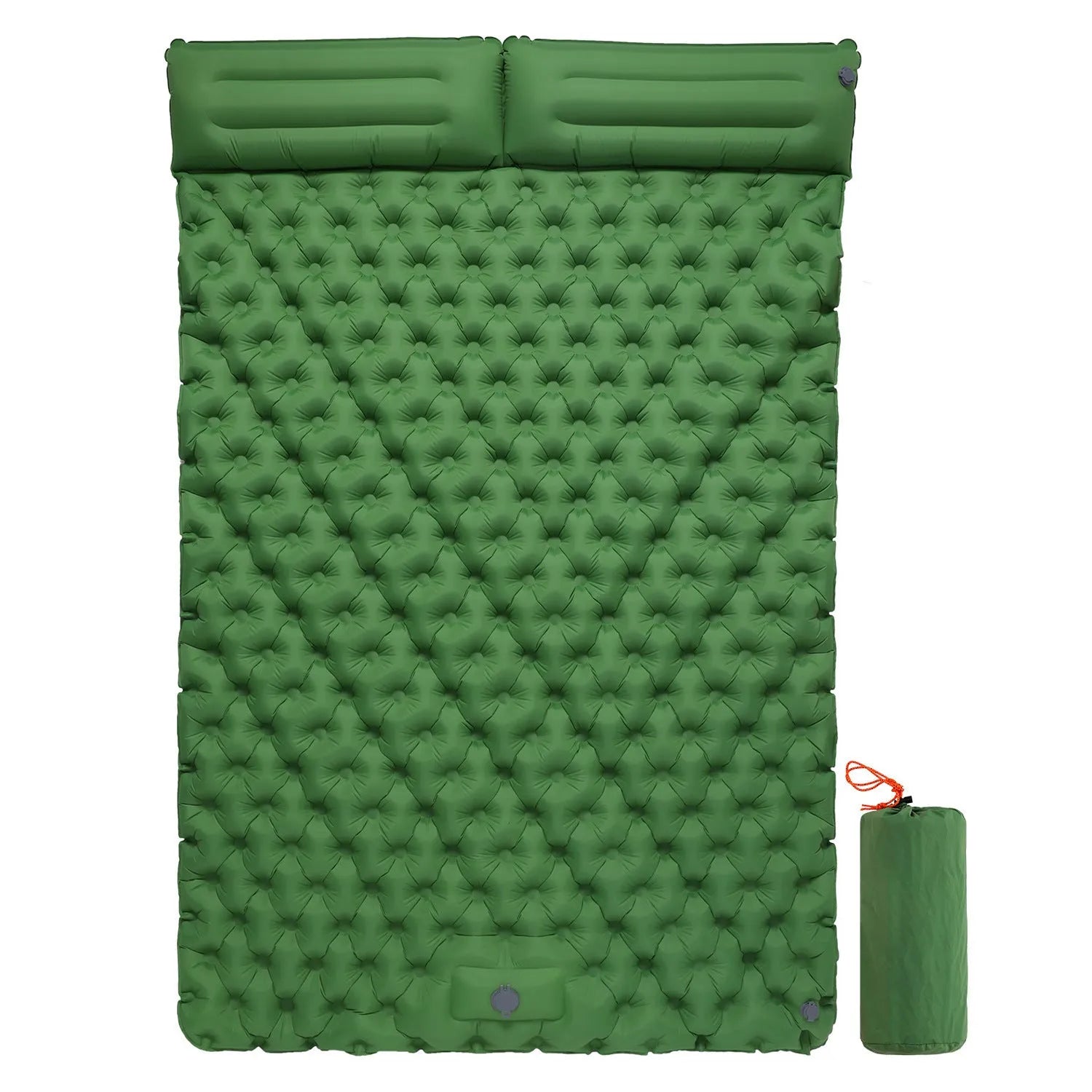 Dark blue double air mattress with built-in pump inflated on a floor, showing integrated pillow.