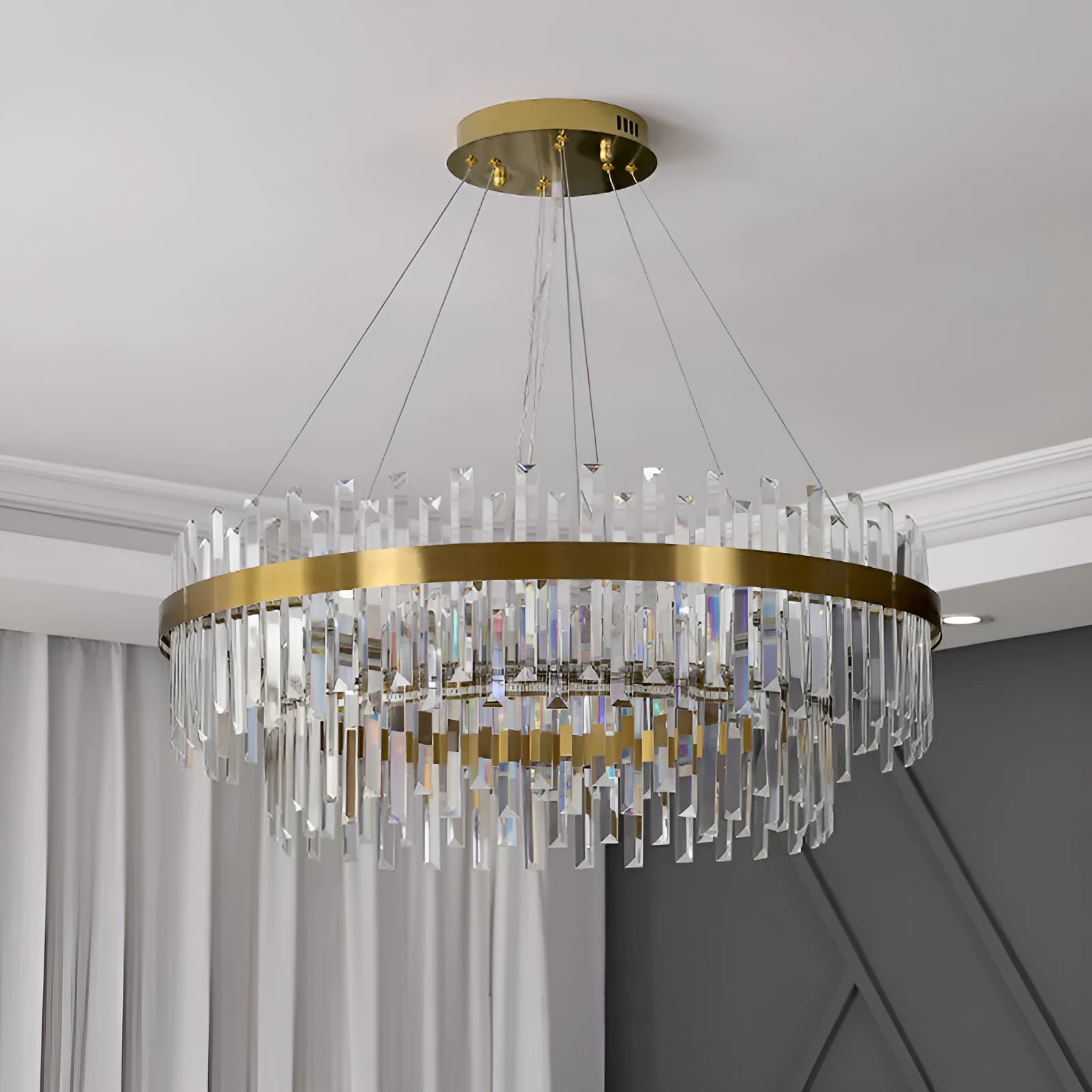 Modern crystal and stainless steel chandelier with multi-head fish-shaped design and LED lighting