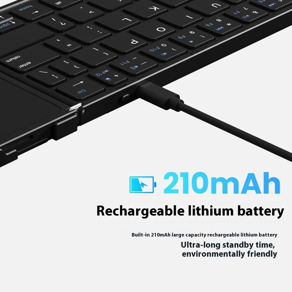 Black folding Bluetooth keyboard for mobile phones and tablets with touchpad or digital board options
