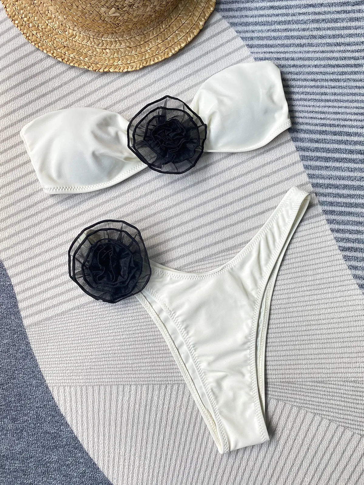Cross-border tube top bikini swimsuit with three-dimensional flower split design in striped pattern