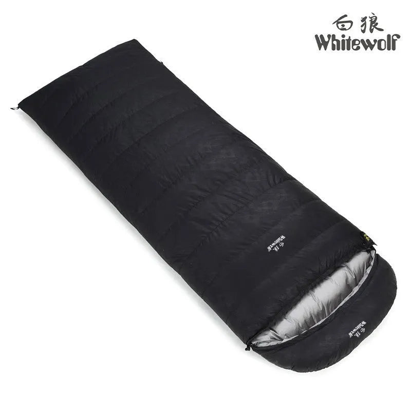 Black outdoor sleeping bag with goose down insulation and tear-resistant nylon fabric