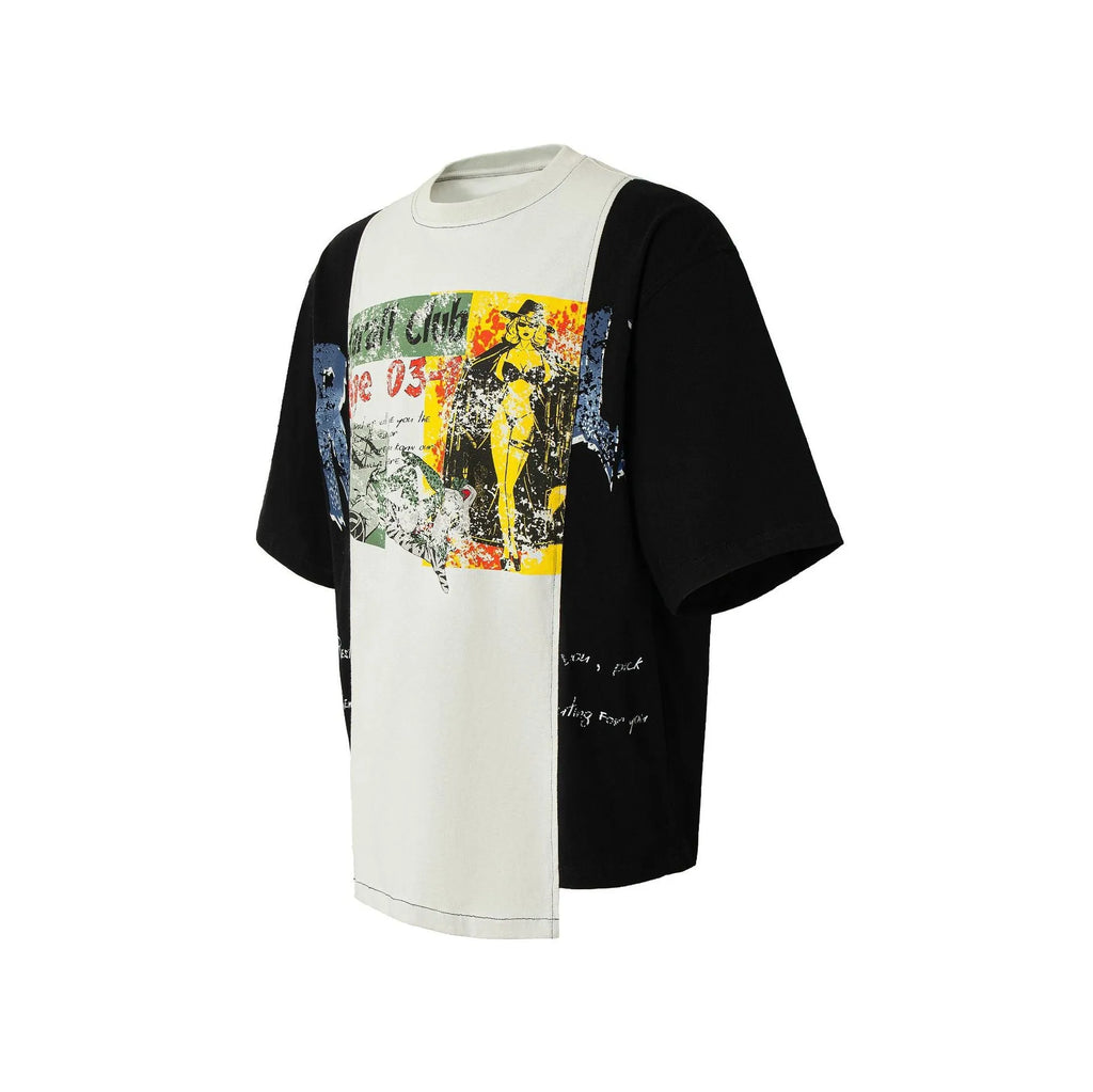 Mens black and white broken collage deconstruction printed cotton blend t-shirt with loose fit short sleeves