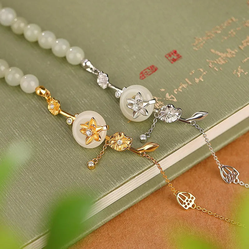 Women's 925 silver bracelet with Hetian jade lotus peace buckle in gold finish