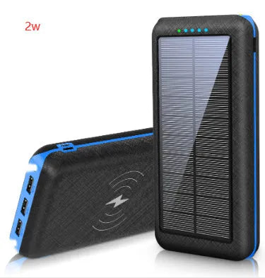 Solar power bank with wireless charging surface, three USB ports, and LED flashlight in black colour