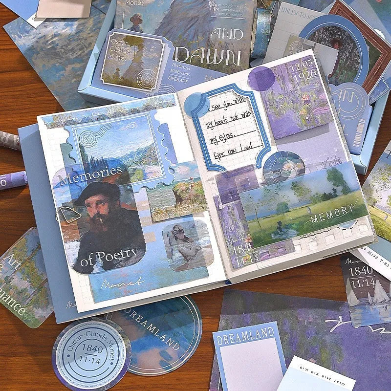 Hand Account Suit creative journal gift box open to show A6 grid notebook, assorted papers, cards, stickers, and a water drop bookmark.