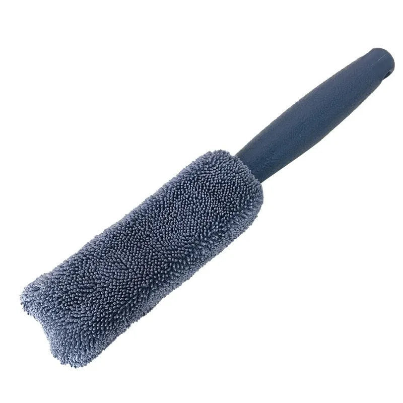 Blue microfiber car tyre brush with extended 45cm handle for wheel cleaning