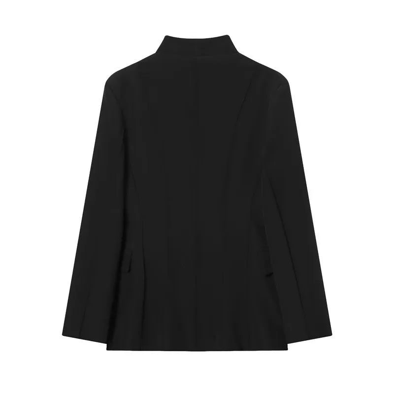 Women's black long sleeved suit jacket with loose fit, made from blended polyester fibre