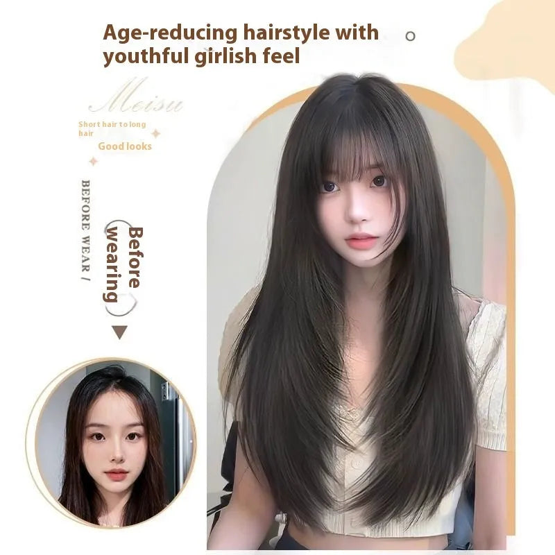 Black long straight high layered human hair wig for women with full-head coverage