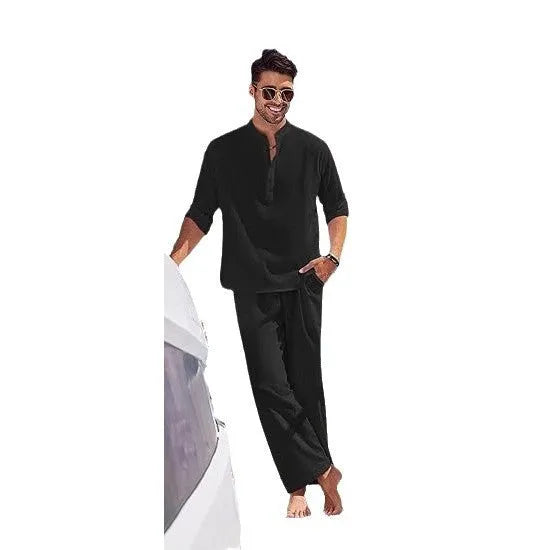 Men's solid colour cotton casual suit with long sleeve top and trousers in beige, black, green, navy, sky blue or white