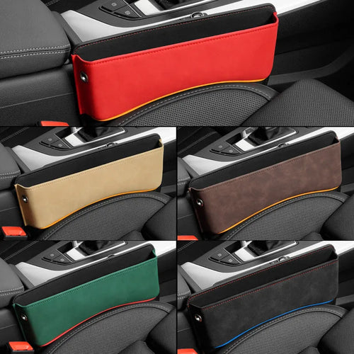 Black PU leather car seat storage box placed on a vehicle seat.