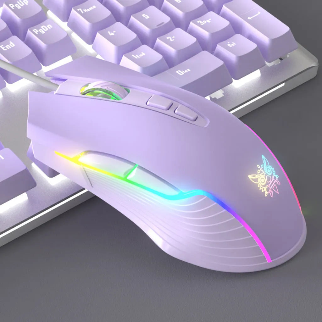 Purple and white mechanical keyboard and mouse set with backlit keys