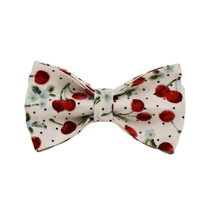 Red cherry printed dog collar and leash set with light gold buckle and bow on cloth material