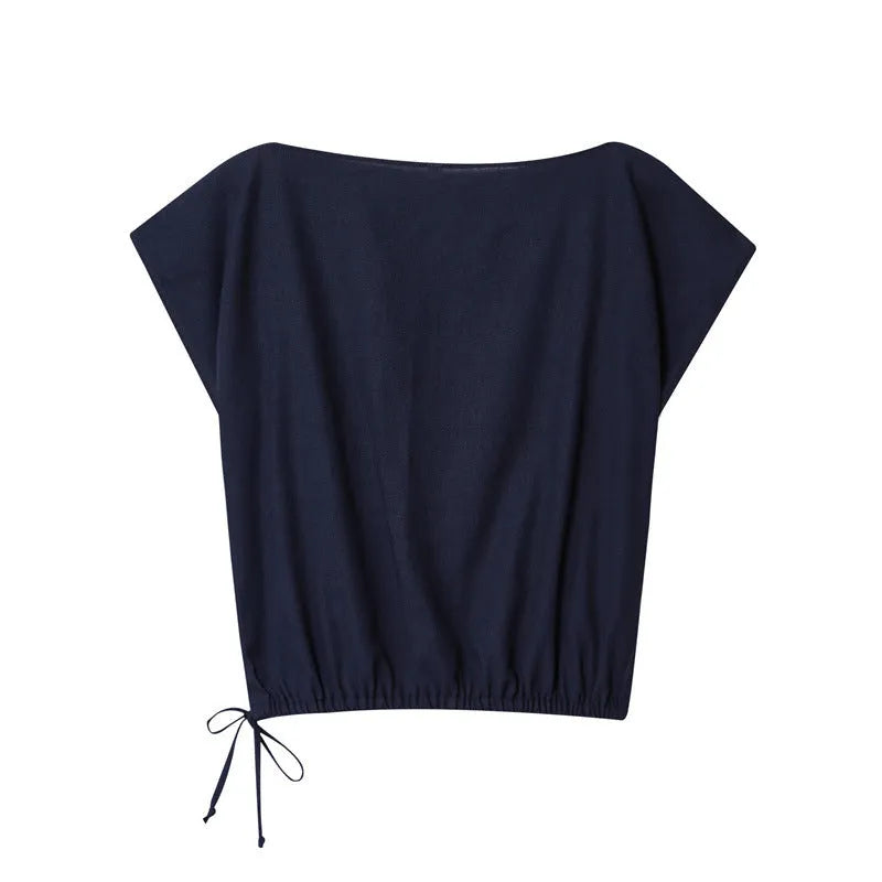Women's linen-style shirt with flounced sleeves and matching wide-leg trousers co-ord set.