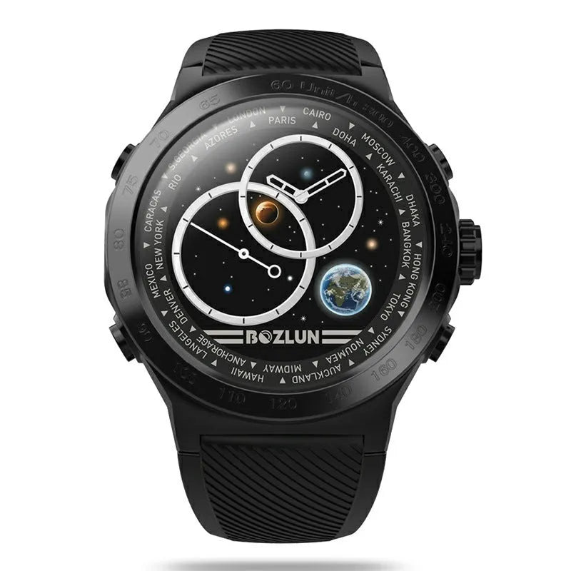 Smart watch with round screen, silicone strap, 45x49mm body, 14.5mm thick, heart rate and pedometer functions.