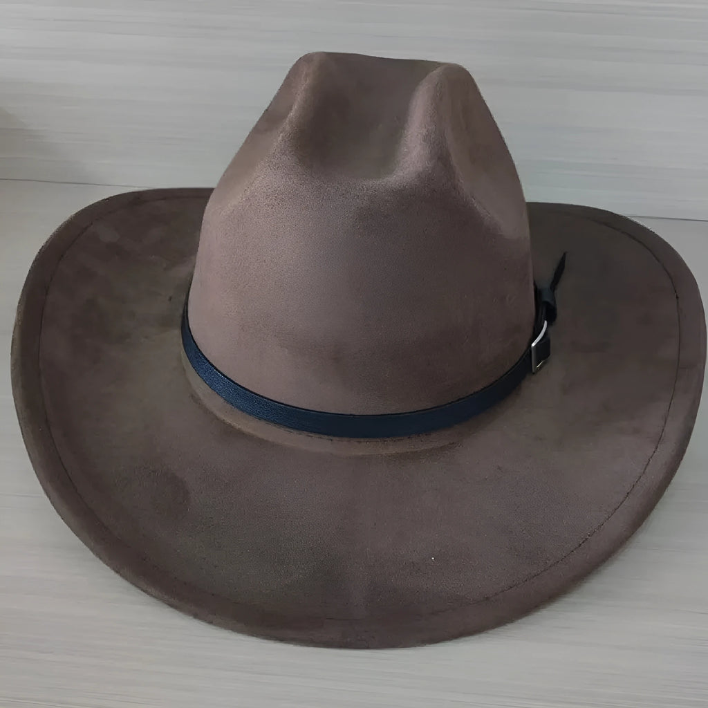 Brown leather velvet Western cowboy hat with a curved edge and conical crown.