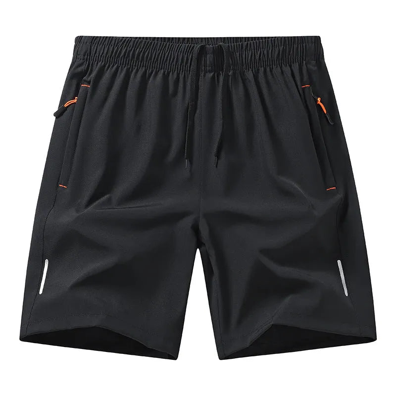 European size men's athletic shorts in black polyester, straight-leg summer sports shorts