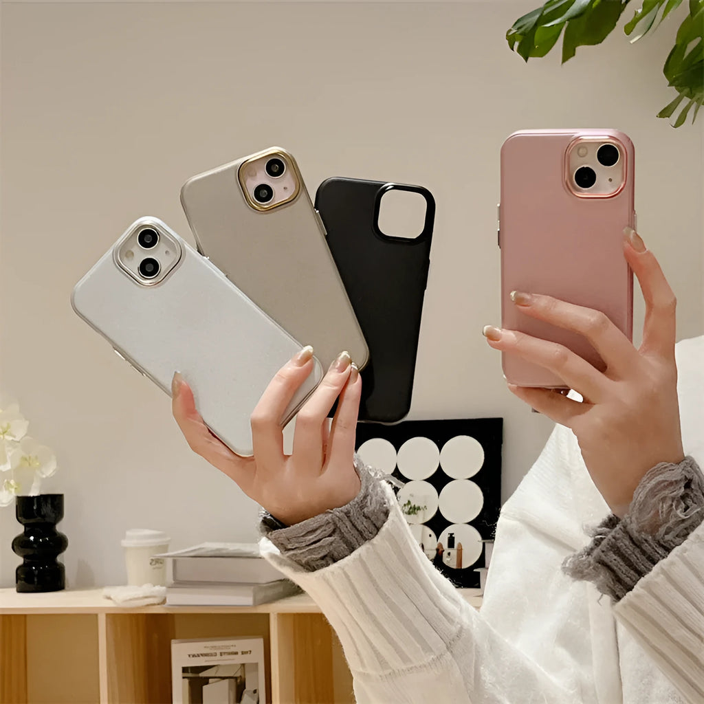 Imitation leather phone case for iPhone 15 Pro Max in solid black colour with embossed texture and protective edge