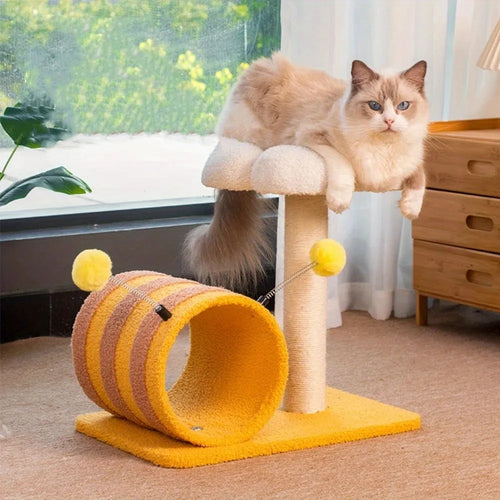 Yellow multi-level cat climbing frame with sisal scratching posts and a central tunnel.