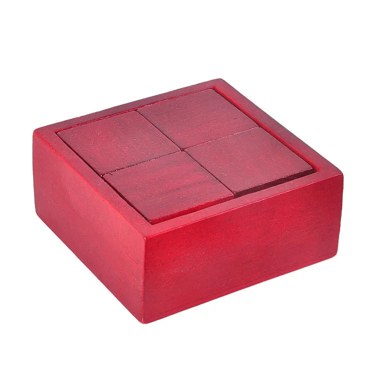 Red wooden magic box with Kong Ming Lock, 9.5cm size, angled view showing box and puzzle lock