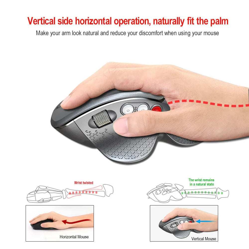 T32 vertical ergonomic wireless mouse in black matte finish showing side grip and aluminium roller.