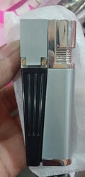 Silver foldable metal pipe lighter showing open stash compartment and ignition mechanism