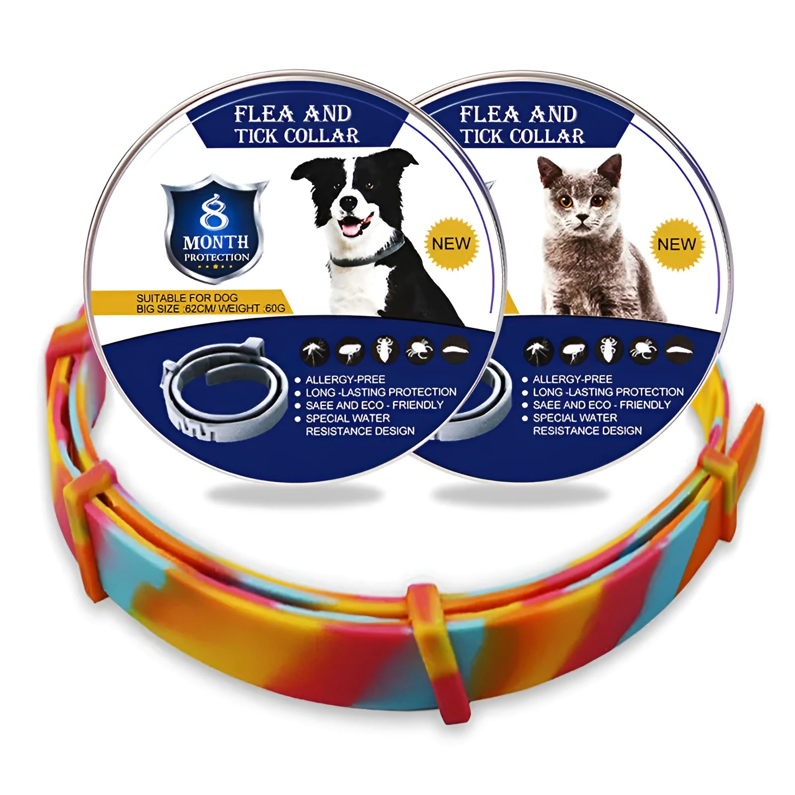 Plastic flea and anti-lice collar for pets in rainbow packaging, showing cat and dog size options.