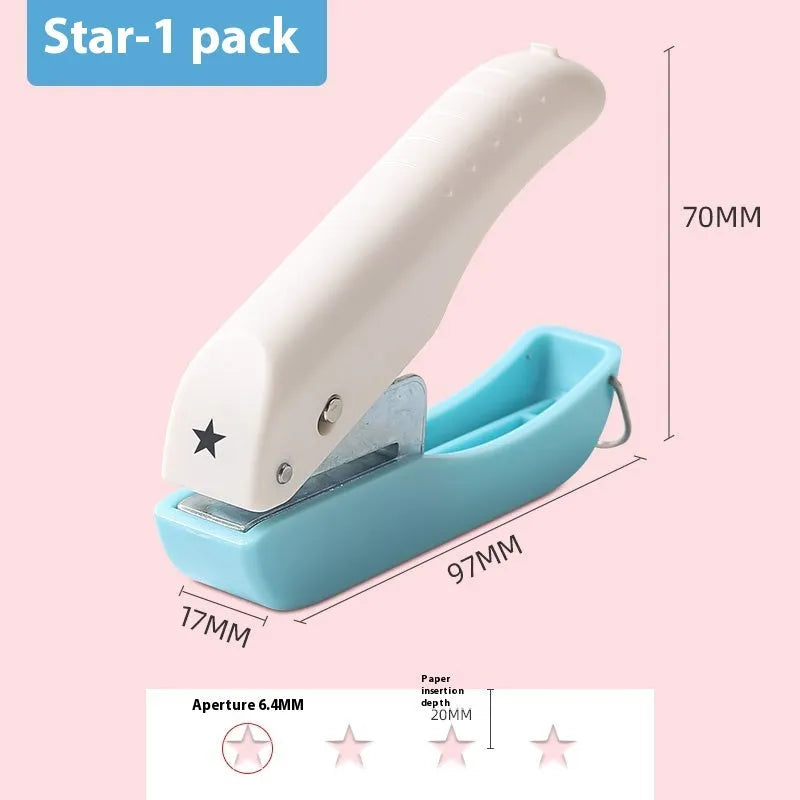 Manual craft punching machine showing love, star, and round hole shapes for paper.