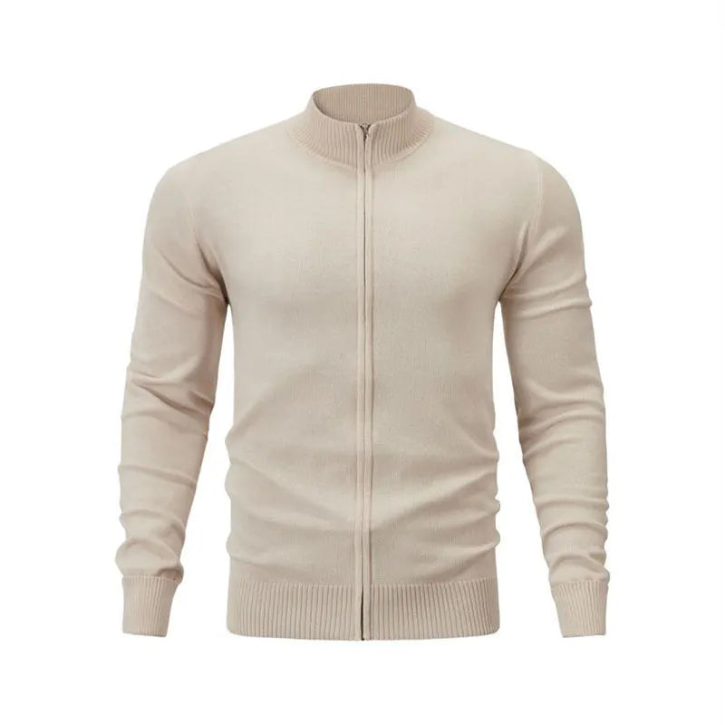 Men's grey stand collar zip-up casual sports sweater hanging on a plain background.