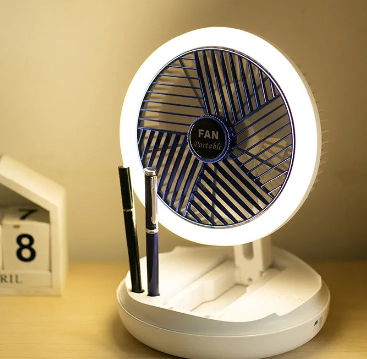 Blue foldable USB table fan with LED light showing wall mounting and desk placement options