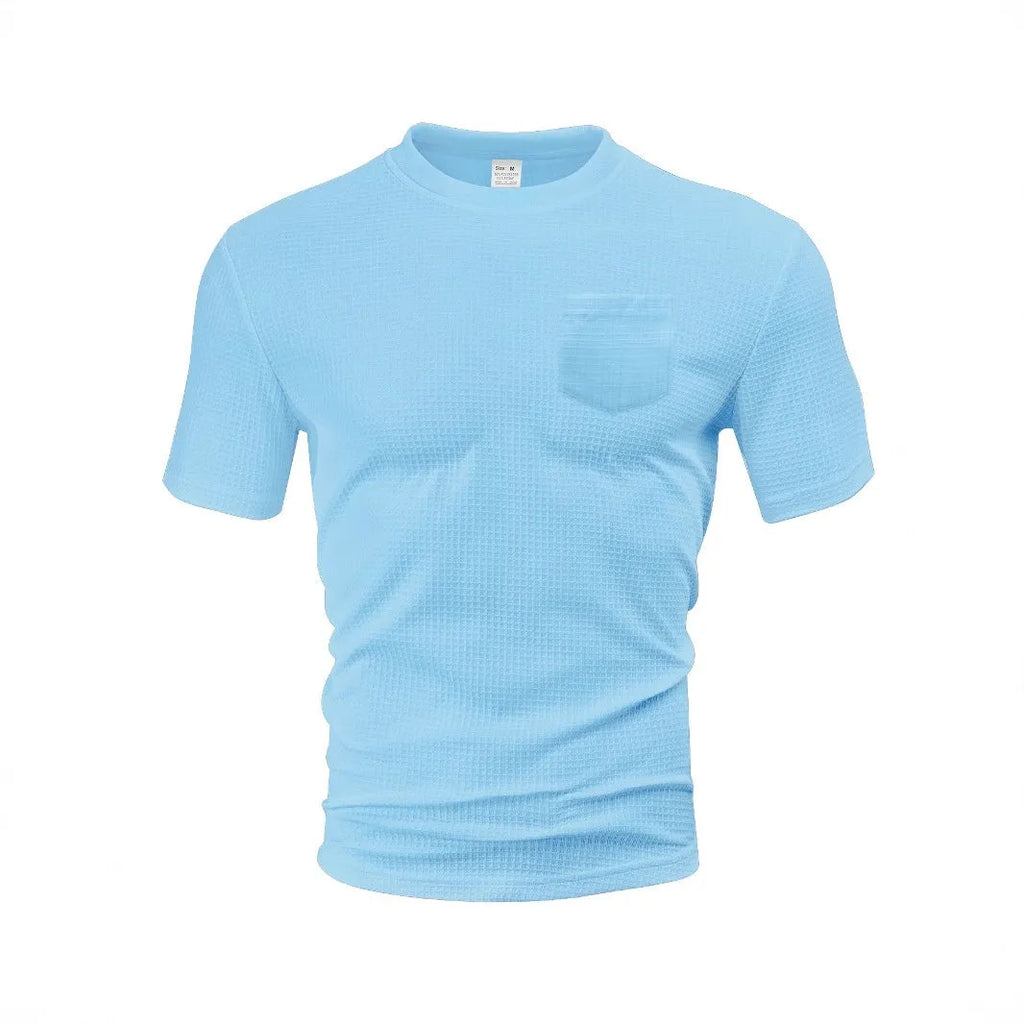 Men's loose casual short-sleeved T-shirt with pockets, large waffle fabric, grid pattern, available in seven colours and sizes S to XXXL