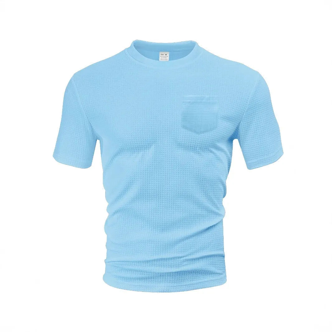 Men's loose casual short-sleeved T-shirt with pockets, large waffle fabric, grid pattern, available in seven colours and sizes S to XXXL