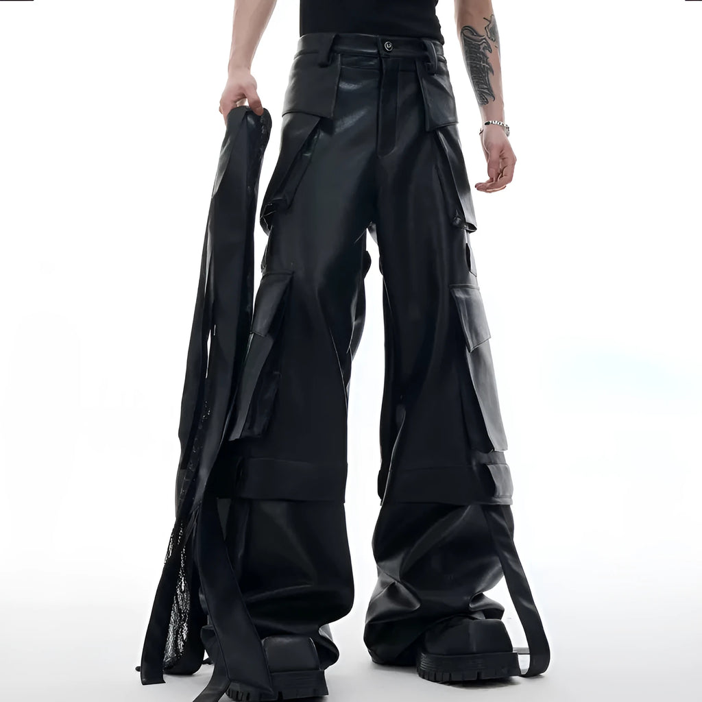 Black loose-fit retro trousers with quilted detailing and multiple pockets