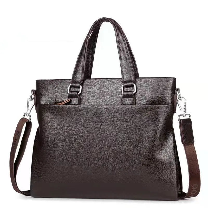 Men's black and brown PU leather shoulder messenger bag with splicing design, 35x30x4cm size.