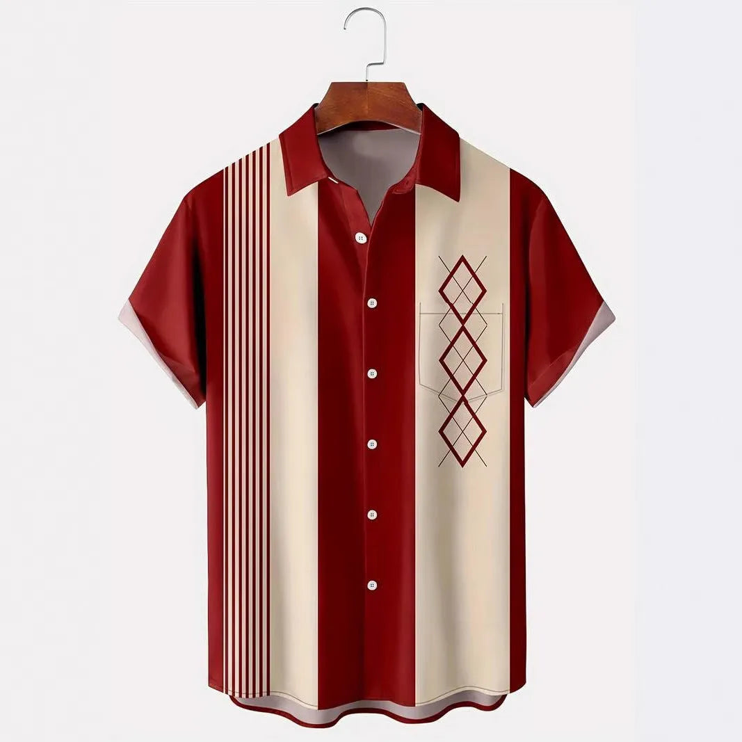 Men's loose fit short sleeve shirt with contrast lapel in plaid polyester fabric