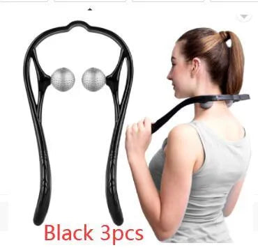 Blue plastic handheld neck and shoulder massager with adjustable stand and removable soft head on a white background.