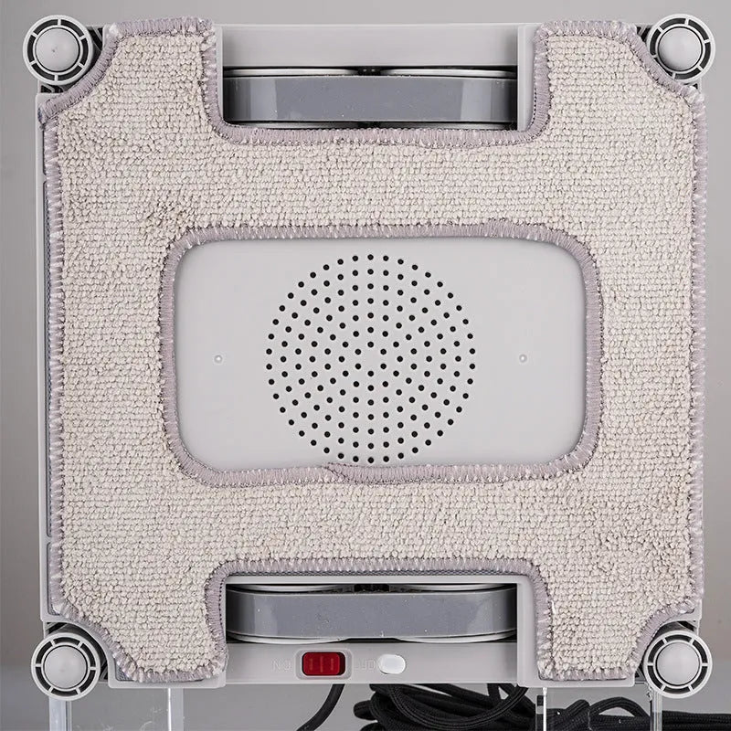 White intelligent window cleaning robot for high-rise buildings with voice and app control options.