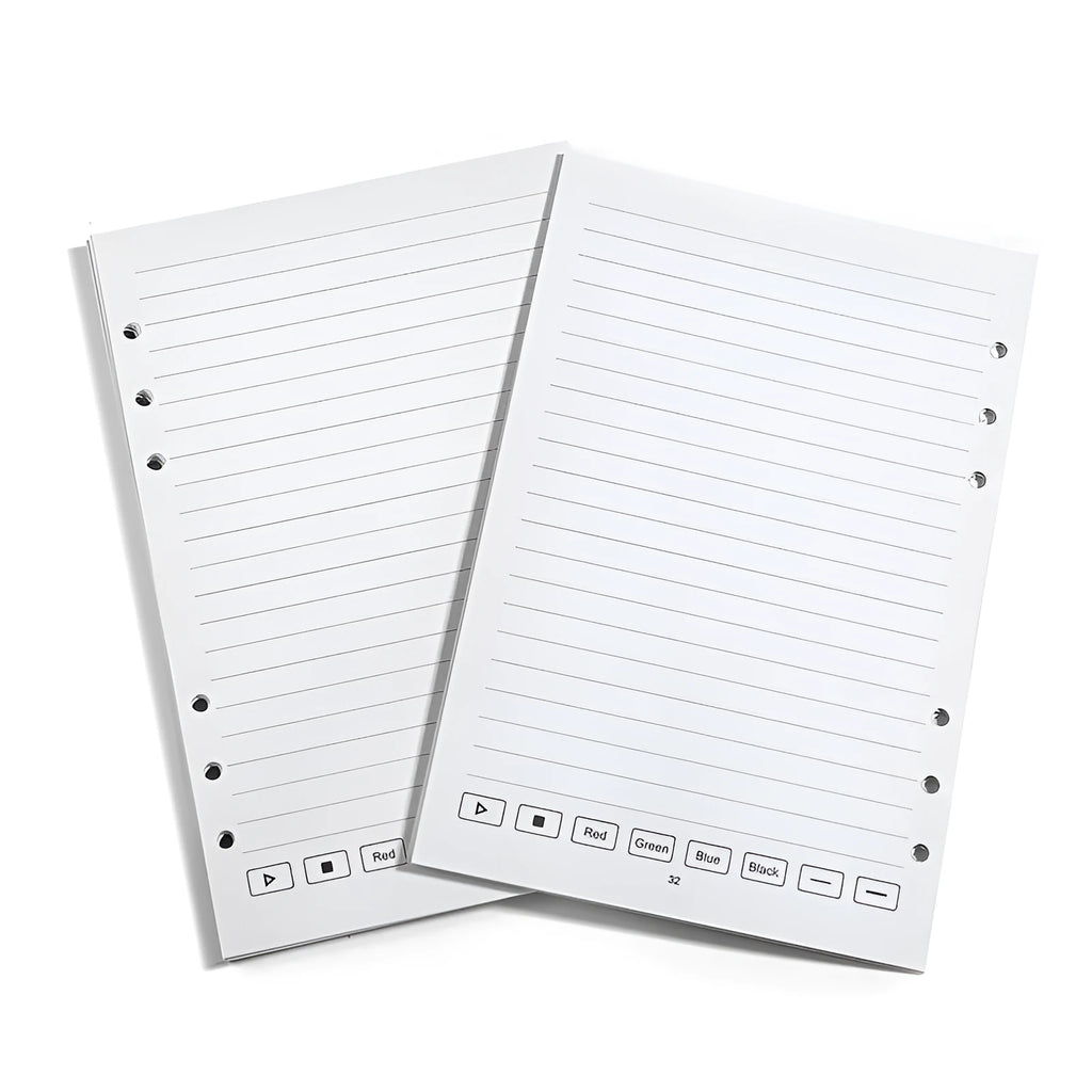 Loose spiral notebook replacement core with 64 pages of paper and set of nine pen refills
