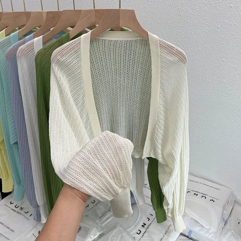 Women's hollow out lantern sleeve blouse in polyester linen fabric for sun protection