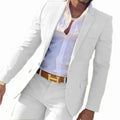 Men's two-piece cotton suit jacket and trousers available in multiple colours.